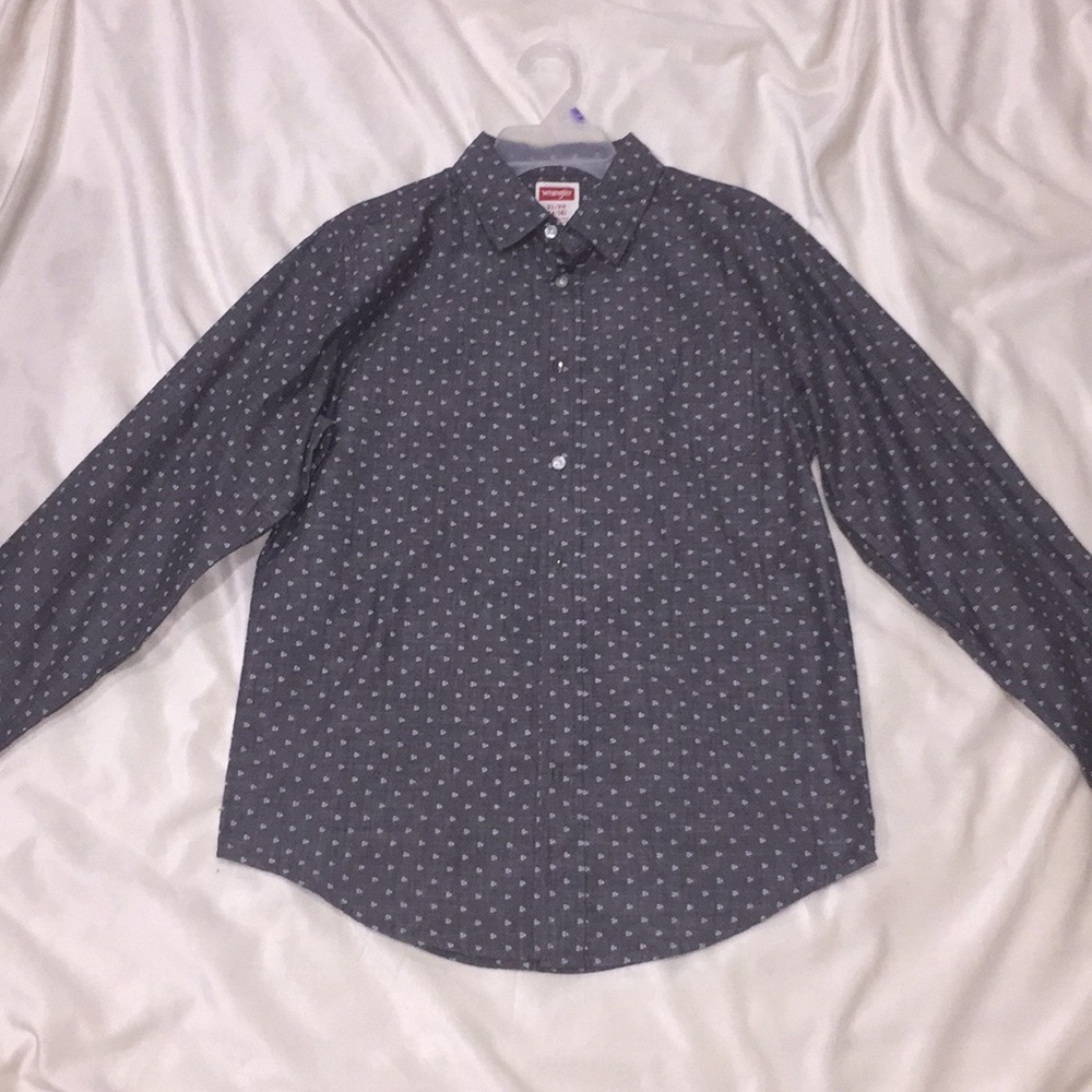 This is a grey Wrangler shirt sized 14-16